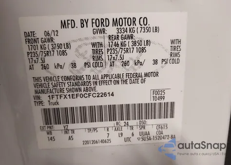 2012 Ford F-150 Xl from USA, damaged, VIN 1FTFX1EF0CFC22614